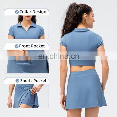 Wholesale Custom Logo Sports Tennins Two Piece Tracksuit Women Golf Gym Fitness Stand Collar Crop Top And Shorts Skirt Suit Set photo-2