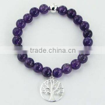 Amethyst Bead Stretch Bracelet 925 Silver Tree of Life Charm