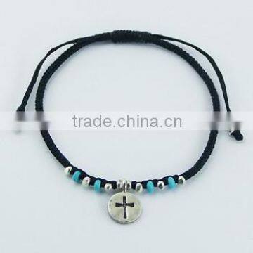 Macrame Bracelet Silver Disc with Cross and Turquoise Beads