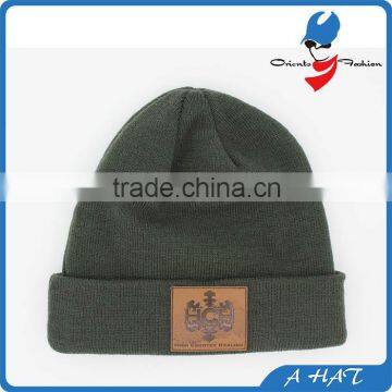 custom leather patch knit beanie