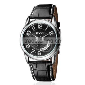 EYKI Brand Black Leather Strap Calendar Date Display Stainless Steel Back Watches Men