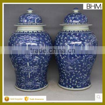 Large decorative temple jar chinese blue and white ginger jar with floral painting