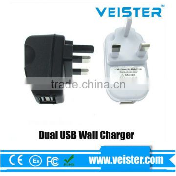 Black Dual USB travel ChargerUK Wall Charger 2100mA