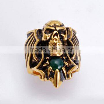 Vintage evil demon with a gemstone beads design gold skull ring for men