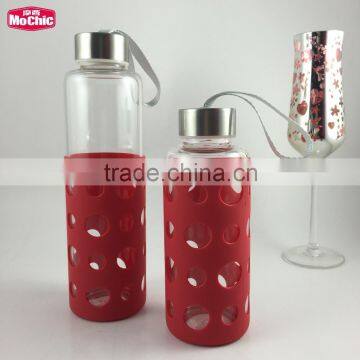 400ML Mochic Crystal Anti-slip Silicone Smart Flat Glass Water Bottle
