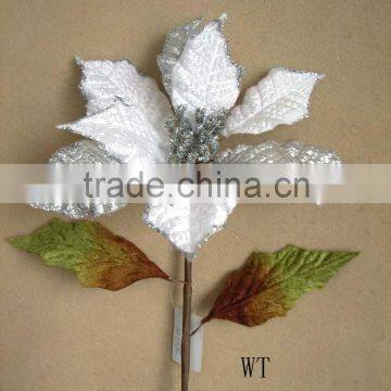 Artificial velvet Poinsettia Christmas flower pick for home decoration