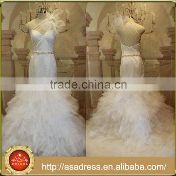 ASAW14 Real Image Mermaid Bridal Gown with Sashes Ruffled Skirt Long Train One Shoulder Alibaba Wedding Dress Custom Made