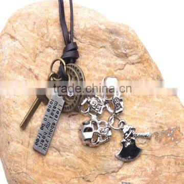 Genuine Leather Necklace with Antique Sliver Tripple Skulls Axe Drop Down Pendant.