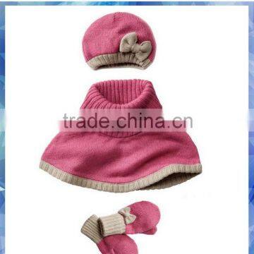 pink children knitted scarf glove and hat set with grey trim and bowknot