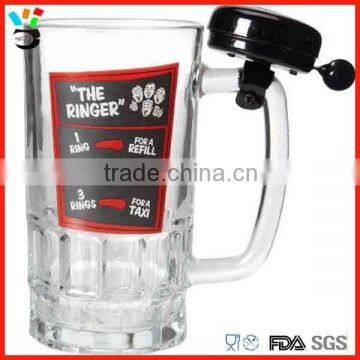 Personalized logo design 550ml patterned glass beer mug with handle & service ringer bell