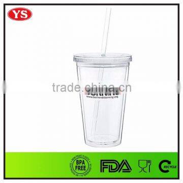 BPA Free 16 oz Double Wall Plastic Tumbler Mug With Straw and Flat Lid