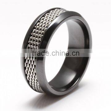 Black Zirconium Men's Comfort Fit Wedding Band Ring with silver steel inlay beveled edge