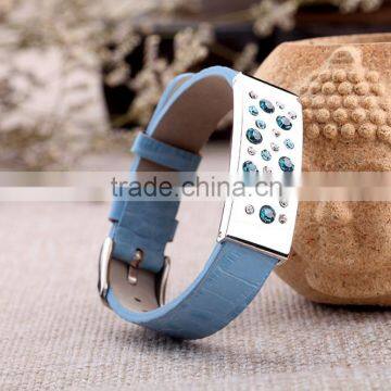 plain wide leather watch bracelet with blue stones