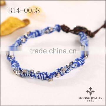 Fashion cheap wholesale stones bracelets silver alloy faceted beads braided blue cotton wrap bracelet