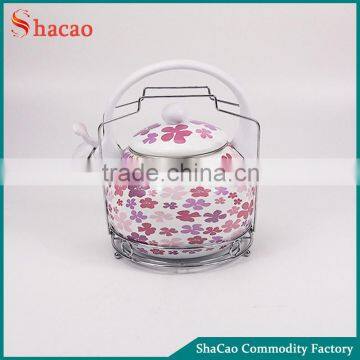 Pink Decal Printing Flower Enamel Tea Kettle Whistling