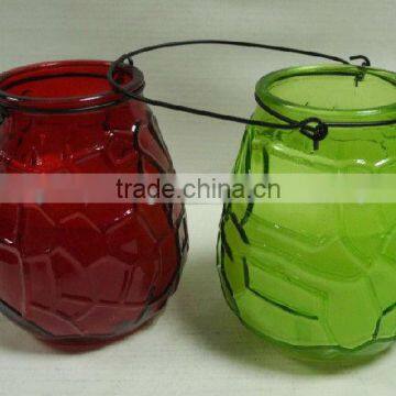 colorful decorative glass scented candle jar with metal handle