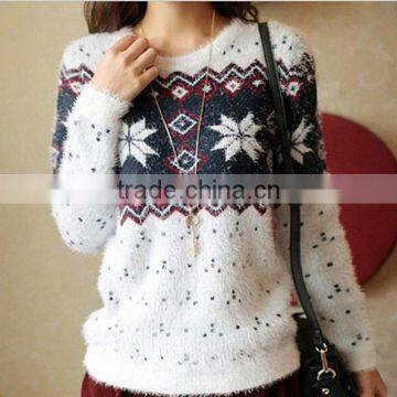 classy snowflake pattern hairy ladies cropped fuzzy sweater for women