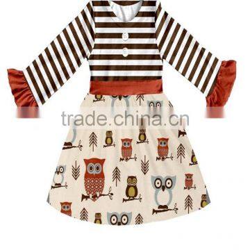 fashion baby girl cute Owl print frocks designs boutique kids stripe fall dress remake