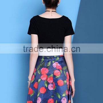 2016 Little Fresh Knitted Top and Floral Chiffon Short Sleeve A-line Dress With Waist Belt photo-3