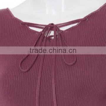 Popular V Neck Fitted Knit Pullover Mature Women in Tight Sweater With Knot photo-4
