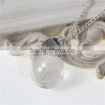 New Fashion Real Dandelion Clear Glass Round Pendant Necklace Link Curb Chain Silver Plated With Oval Message " Wish " Carved