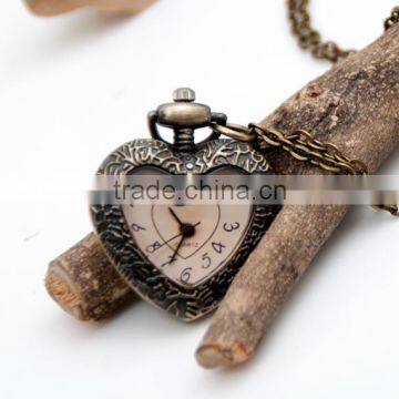 Antique Bronze Heart shape Pocket Watch Long chain Pendant Necklace