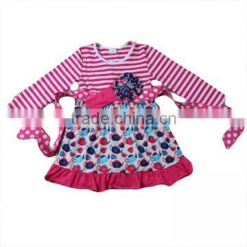 2016 hot sale new design teapot print dress stripe knit cotton kids clothes girls dresses with headband