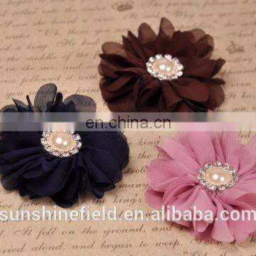 Scallop Ruffuled Ballerina Chiffon Petal Flowers with Bling Pearl Button Baby Headbands flower Infant Headbands