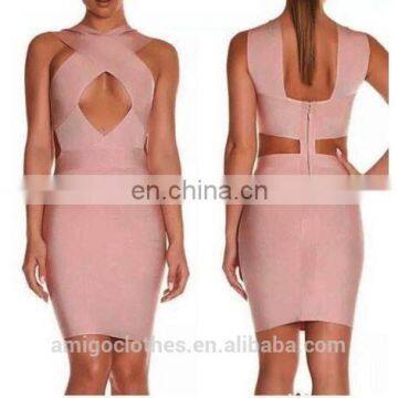 Amigo 2017 Fashion Beige Sleeveless Backless Cut Out Cross Over Bandage Dress Elegant Formal Dresses for Goddess photo-2