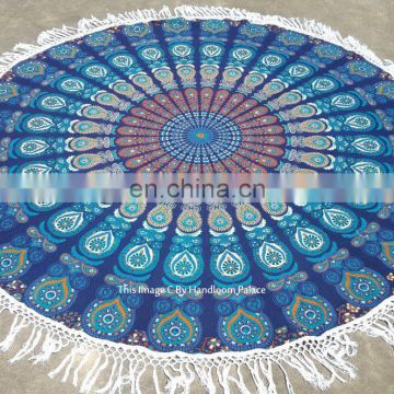 72" Indian Mandala Turkish Blue Hippie Round Roundie Tapestries Hippy Boho Gypsy Cotton Round Beach Throw Yoga Mat Tassel