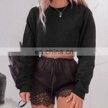 Women Custom Plain Crew Neck Basic T Shirt Crop Hoodie Sweatshirt photo-3