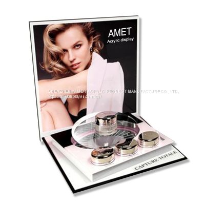 Custom Design L-Shape Counter High Clear Acrylic Makeup Display Stand For Cosmetics