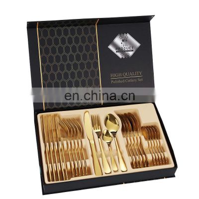 High Quality Luxury Golden 24pcs Spoon Fork Sets Restaurant Silver Stainless Steel Cutlery for Wedding