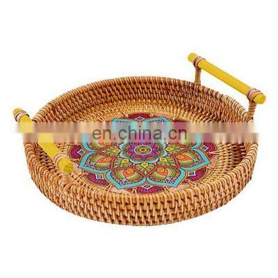 New Design Rattan Serving Tray With Wooden Painting Plate woven Coffee tray, Wicker Fruit tray Wholesale Handwoven