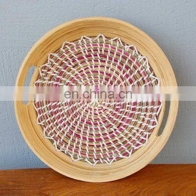 100% Eco-friendly High Quality Bamboo Mixed Seagrass Serving Tray Decor Table Coffee Tray Handicraft Vietnam Supplier