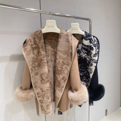 European double-sided wool coat tied mid-length coat hooded print fashionable loose temperament autumn and winter new style