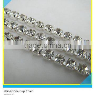2 Rows Clear Rhinestone Silver Plated Close Roll Cup Chain Trims In Bulk photo-4