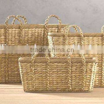 Set of 3 water hyacinth baskets with thick handle and seagrass rim