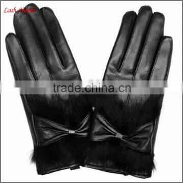 ladie fashion rabbit fur cuff black leather glove with bow