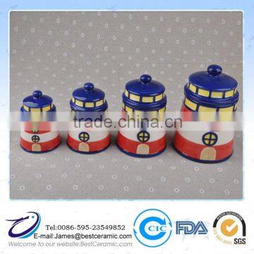 hand painting colour 4pcs Ceramic Lighthouse Canister sea style