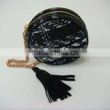 Mini leather round coin purse / Black tweed mini round purse