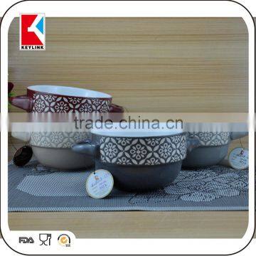 best selling items debossed logo printed cereal bowls stoneware soup bowl with two handle ceramic