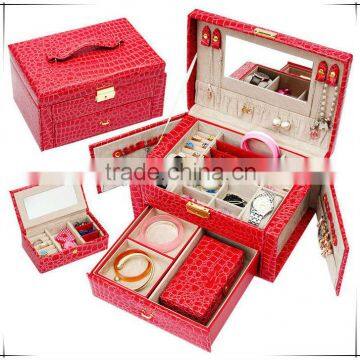 Fancy luxury jewellery storage red jewellery box with mirror for earrings, necklaces and rings, cheap mirror jewellery gift box