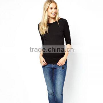 Wholesale plain cotton maternity black t shirts with button shoulder