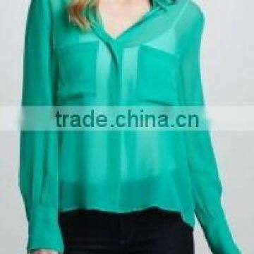 [FFB-0015] ladies shirts cololar buttoned sleeve cuffs chiffon blouse