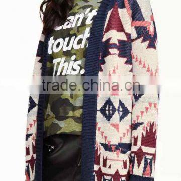 Ladies' Long Sleeve no Button Cardigan Coat Colorful Jacquard Knitted Sweater From Shop