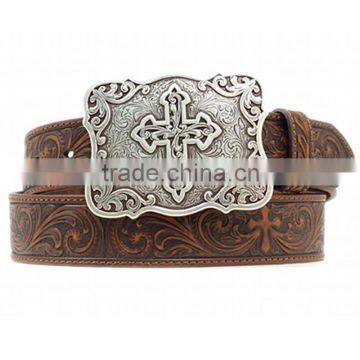 Western Cowboy Cross Buckle Men Embossed Leather Belt