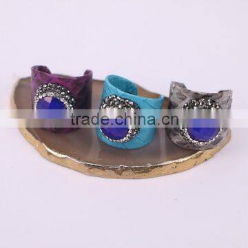 Faceted Stone RingGemstone Fashion Ring, Snakeskin Rings,Round Shape Pave Setting Crystal Jewelry Finger Gem Stone Druzy Ring