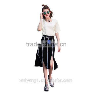 White Stripe Medium Length Girl Skirt Slit Skirt Rim Women Summer Dress