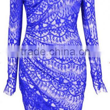 Blue Plain Irregular Bandeau Cross Front Boat Neck Lace Long Sleeve Dress